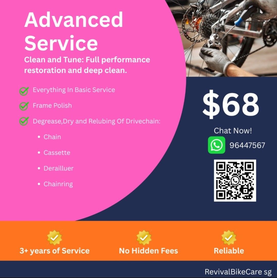 Revival Bikecare's published Advanced Service package graphic, showing the listed S$68 package
